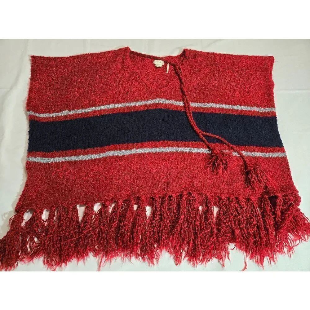 FREE PEOPLE RED BLUE STRIPED FRINGE TASSEL BOUCLE PONCHO TOP ONE SIZE